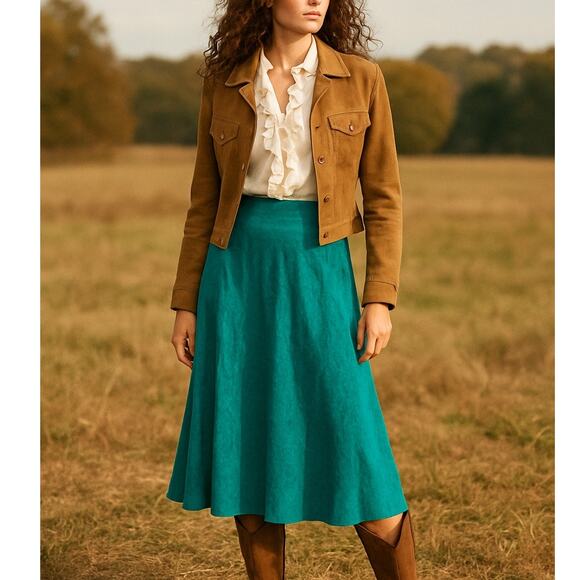 Vintage 90s Turquoise Green Floral Silk A-Line Midi Skirt Western Romantic Boho - Picture 1 of 8